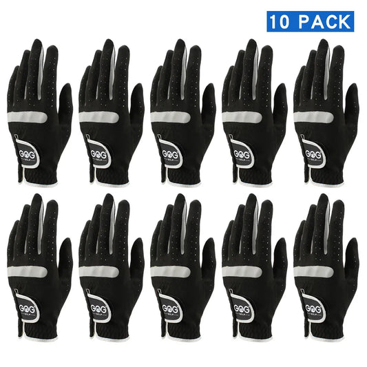 10pcs GOG Men's Golf Gloves Breathable Black Soft Fabric Left Hand