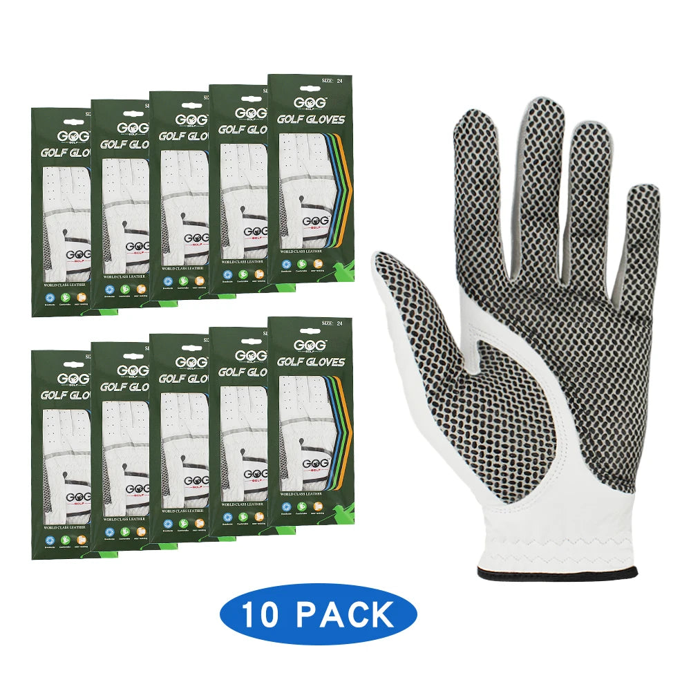 10pcs Men's Leather Golf Gloves Left/Right Hand White Grip